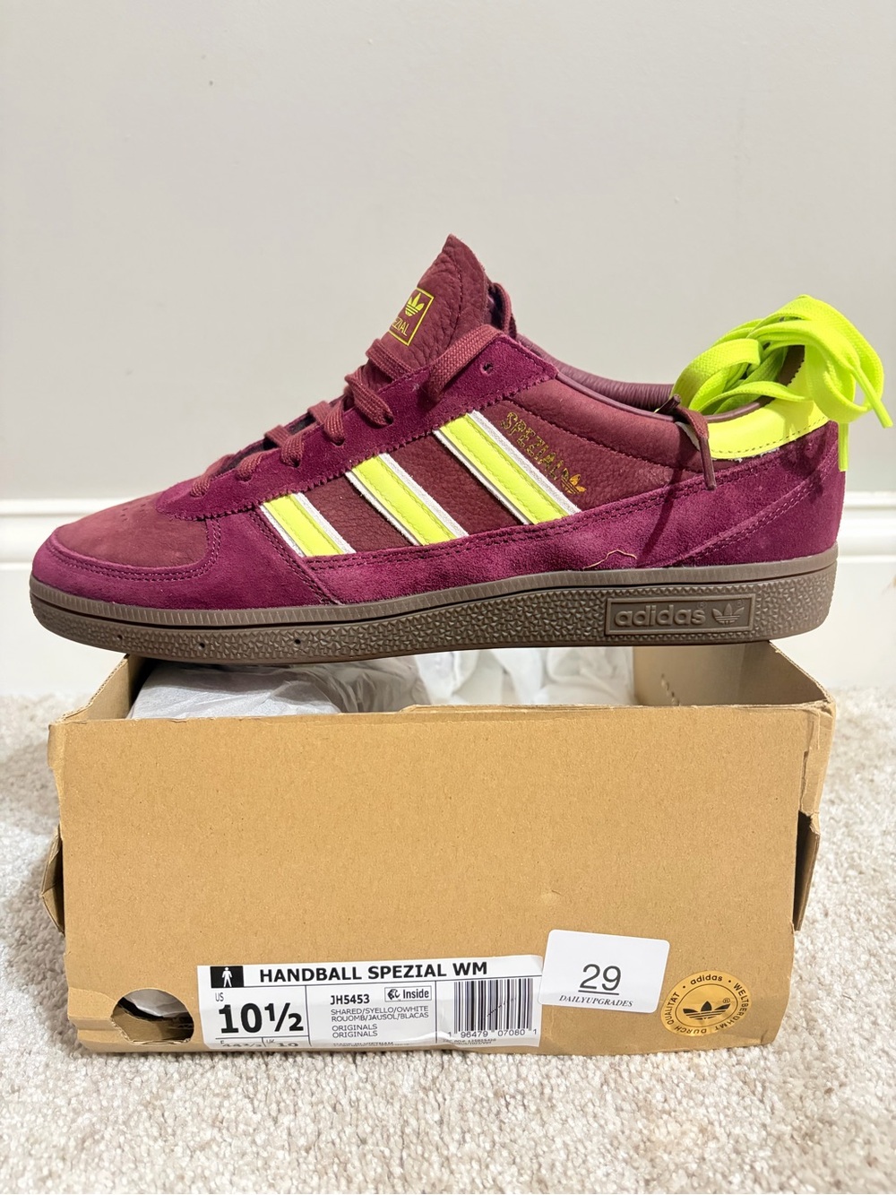 adidas Handball Spezial - Burgundy with Neon Yellow Stripes
